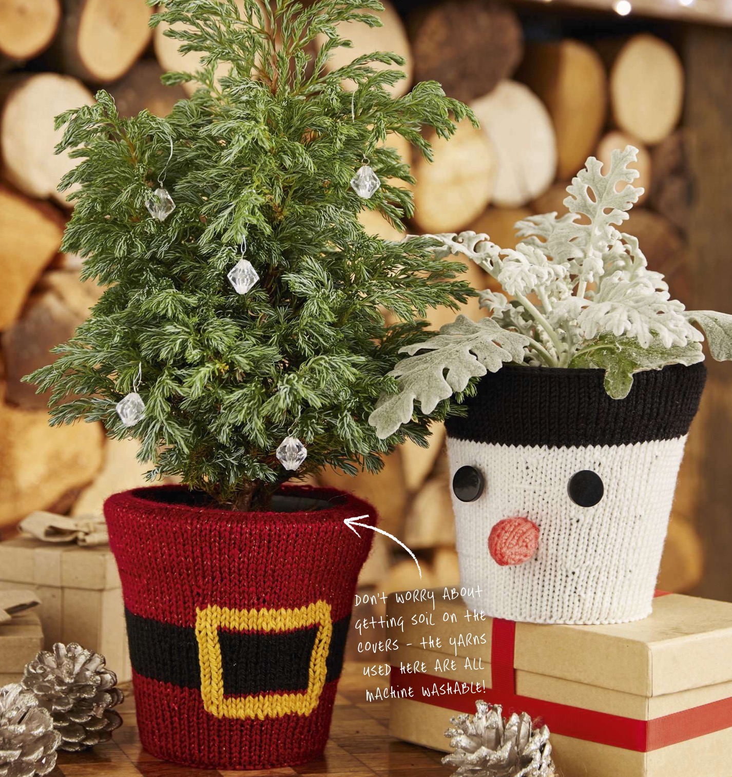 Knitted festive Santa snowman flower pot Jane burns