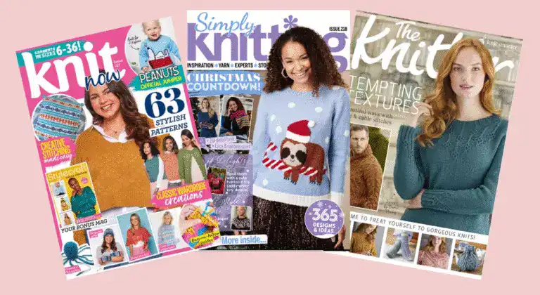 image shows three knitting magazine covers which Jane Burns knitting patterns are featured, shows Knit Now, Simply Knitting and the knitter magazine