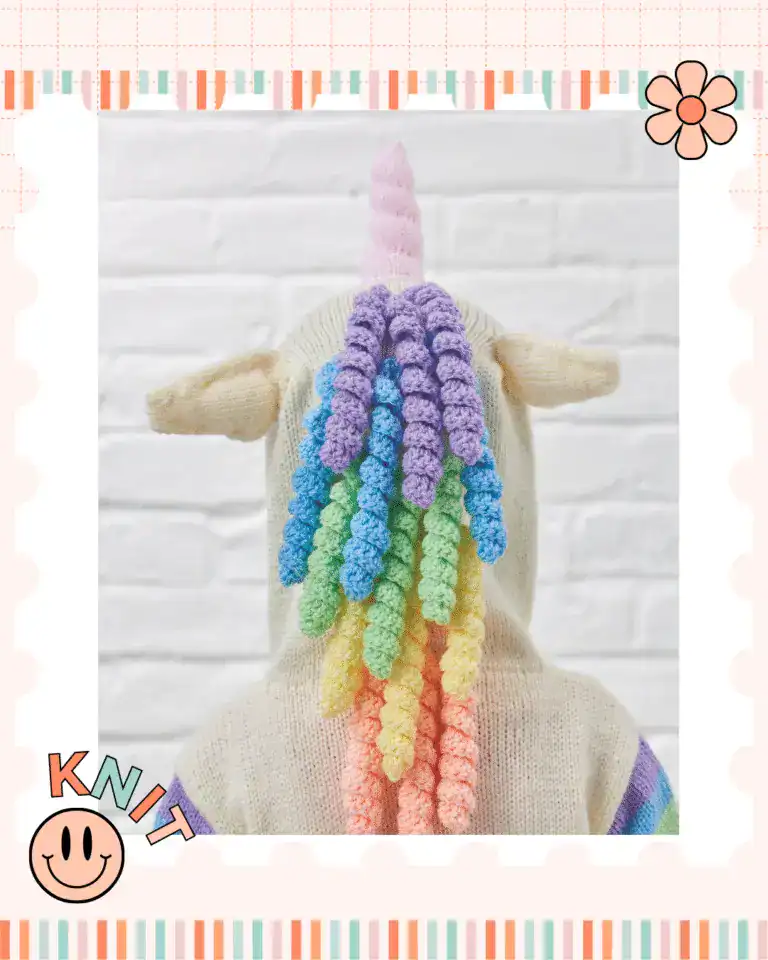 the back view of a childs hooded sweater, the sweater is unicorn themed and the picture shows the unicorn ears, pink horn and rainbow coloured spiral mane running down the back of the hood. knitting pattern by jane burns