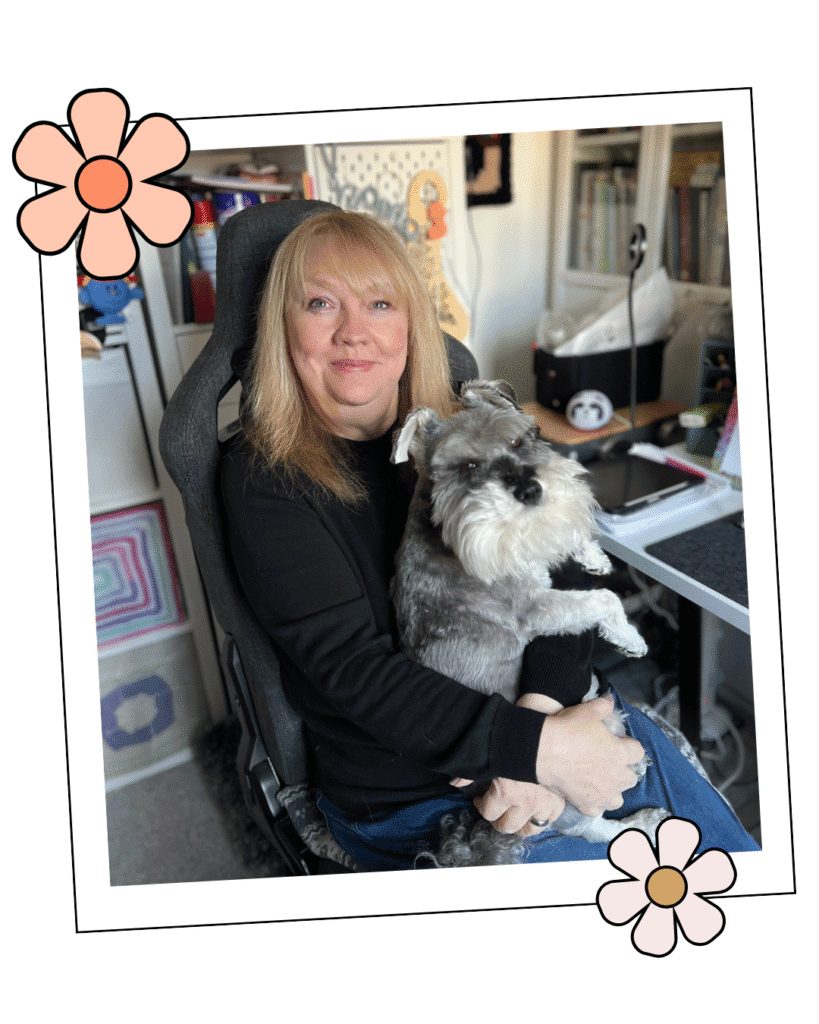 About Jane Burns, Knitting & Crochet Pattern Designer and Bertie too... jane burns knitting and crochet designer at her desk wither her dog bertie