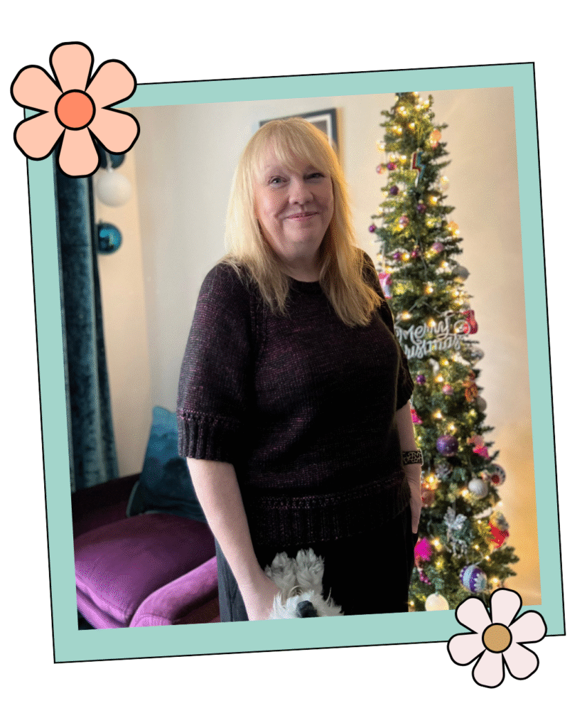 king cole firefly yarn review by jane burns, jane by the christmas tree with bertie 