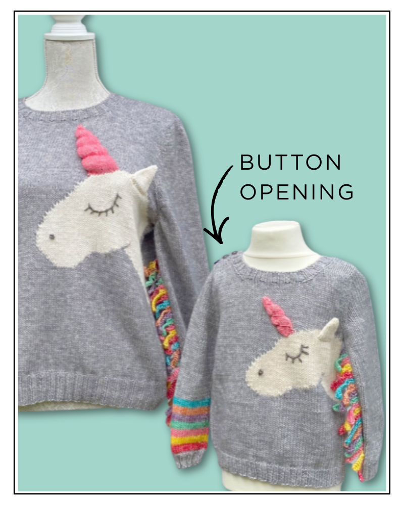 Baby cardigan compared to adult cardigan showing different proportions and construction methods