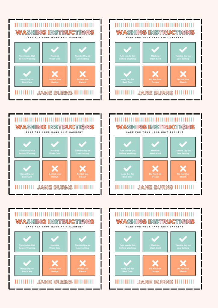 Free A4 download for printable care instruction labels for knit and crochet handmade gifts