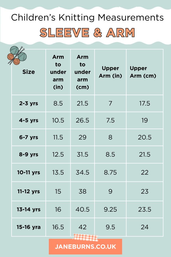 Baby & Children's Knitting Size Guide: Measurements 4 Chart showing baby & children's knitting size guide for the sleeve and arm, ages 2-3 years, 4-5 years, 6-7 year, 8-9 years, 10-11 years, 11-12 years, 13-14 years, 15- 16 years, measurements shown in cm and inches