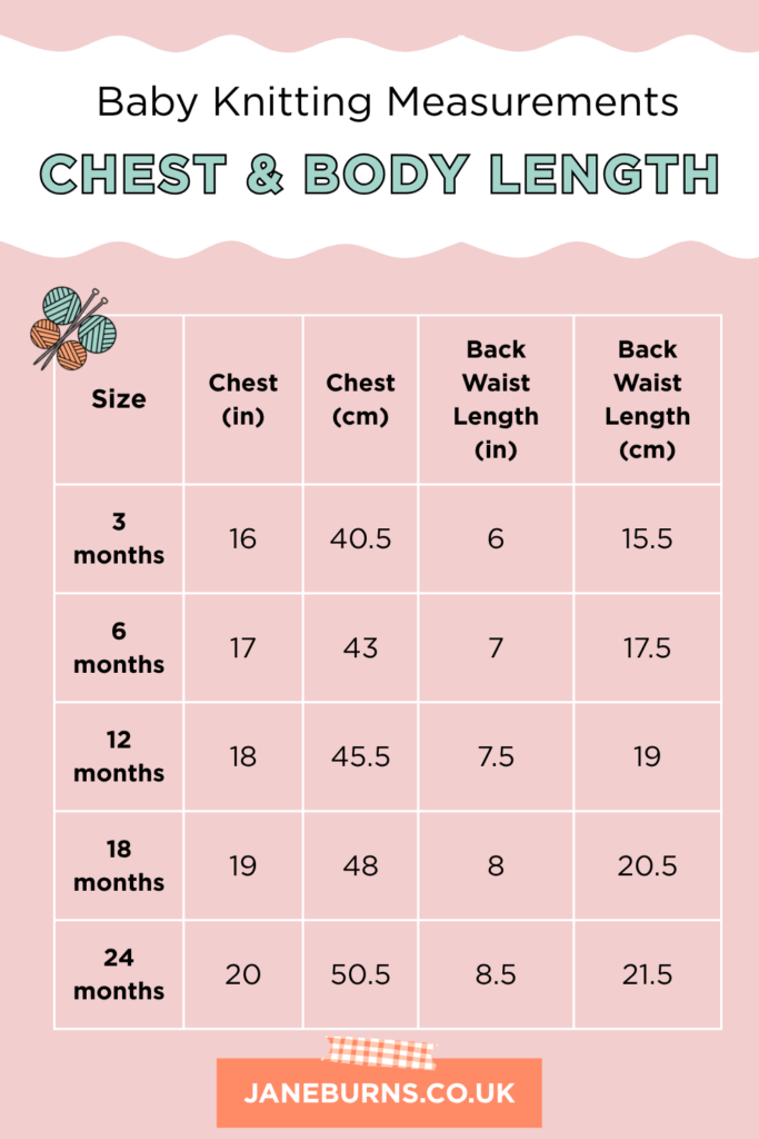 Baby & Children's Knitting Size Guide: Measurements 1 Chart showing baby & children's knitting size guide for the Chest and Body Length, ages 3 months, 6 months, 12 months, 18 months, 24 months, measurements shown in cm and inches