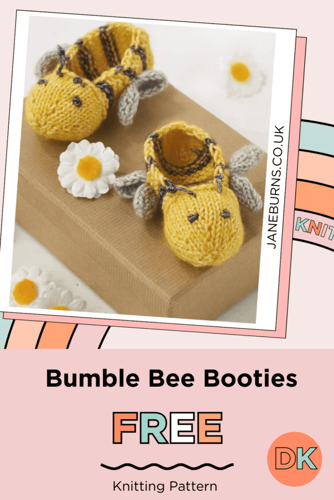 Free Bumble Bee Baby Booties Knitting Pattern 5 Knitted bumble bee baby booties in yellow and black DK yarn, displayed on a brown gift box with flowers — free knitting pattern by Jane Burns