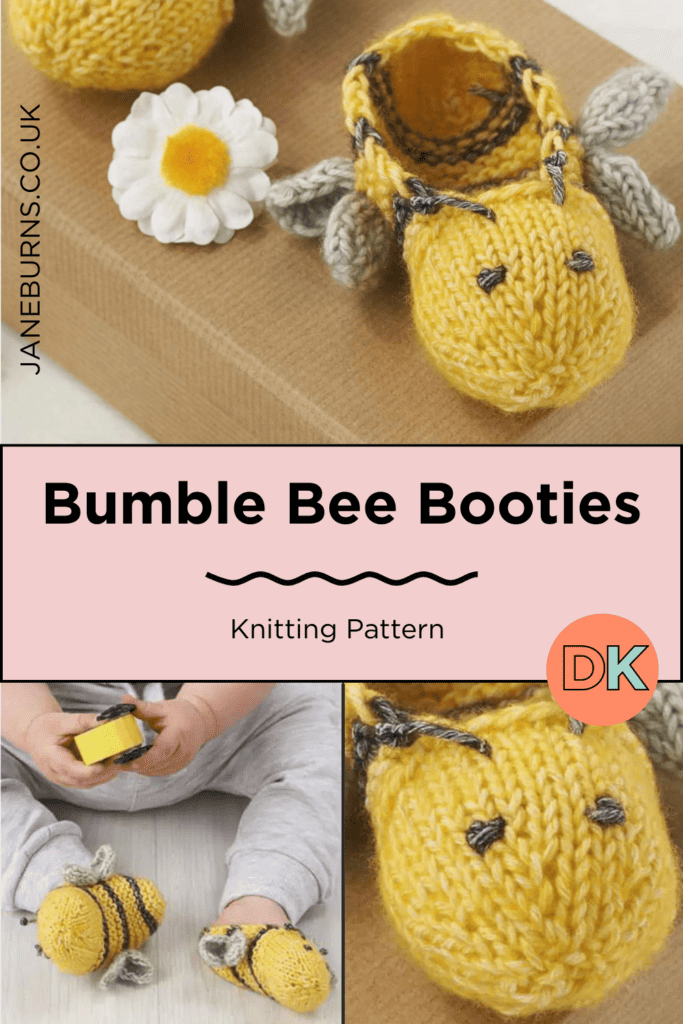 Free Bumble Bee Baby Booties Knitting Pattern 3 Knitted bumble bee baby booties in yellow and black DK yarn, displayed on a brown gift box with flowers — free knitting pattern by Jane Burns