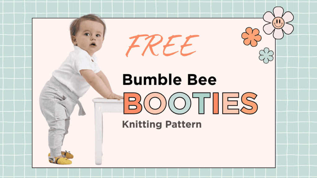 Knitted bee baby bootie with grey knitted wings — free bumble bee baby booties knitting pattern by Jane Burns Whimsical Designs