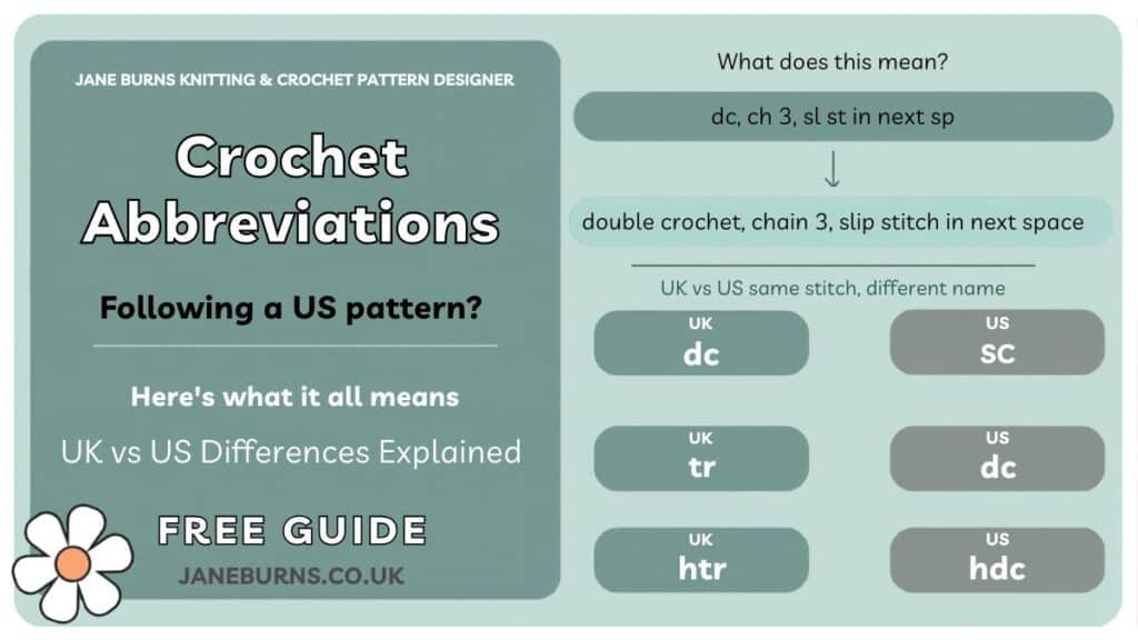 Crochet abbreviations UK guide, everything you need to follow a baby or children's crochet pattern, free guide by Jane Burns