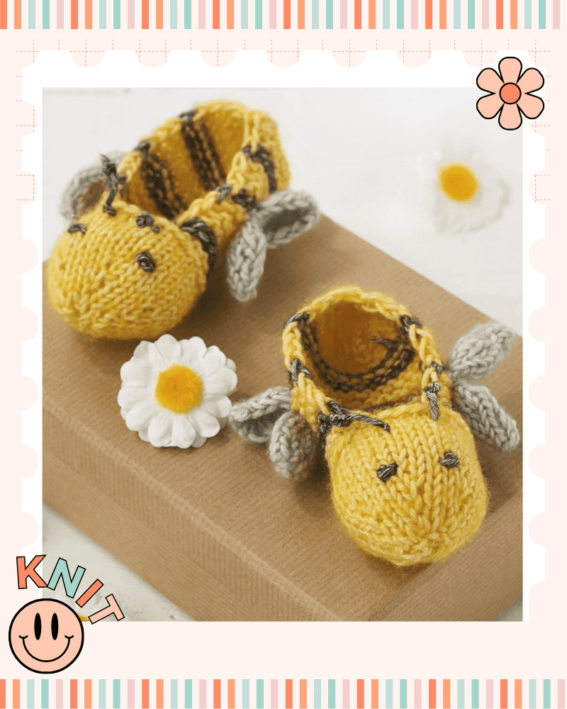 Free Bumble Bee Baby Booties Knitting Pattern 4 Knitted bumble bee baby booties in yellow and black DK yarn, displayed on a brown gift box with flowers — free knitting pattern by Jane Burns