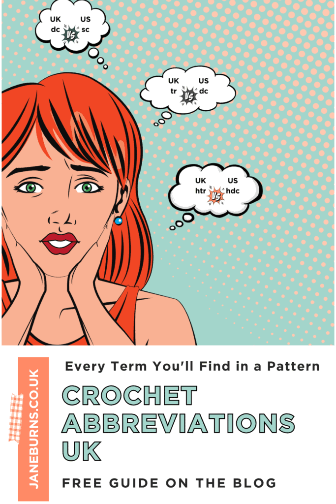 Crochet abbreviations UK guide — pattern excerpt decoded into plain English with UK vs US crochet terms comparison chart 🧶