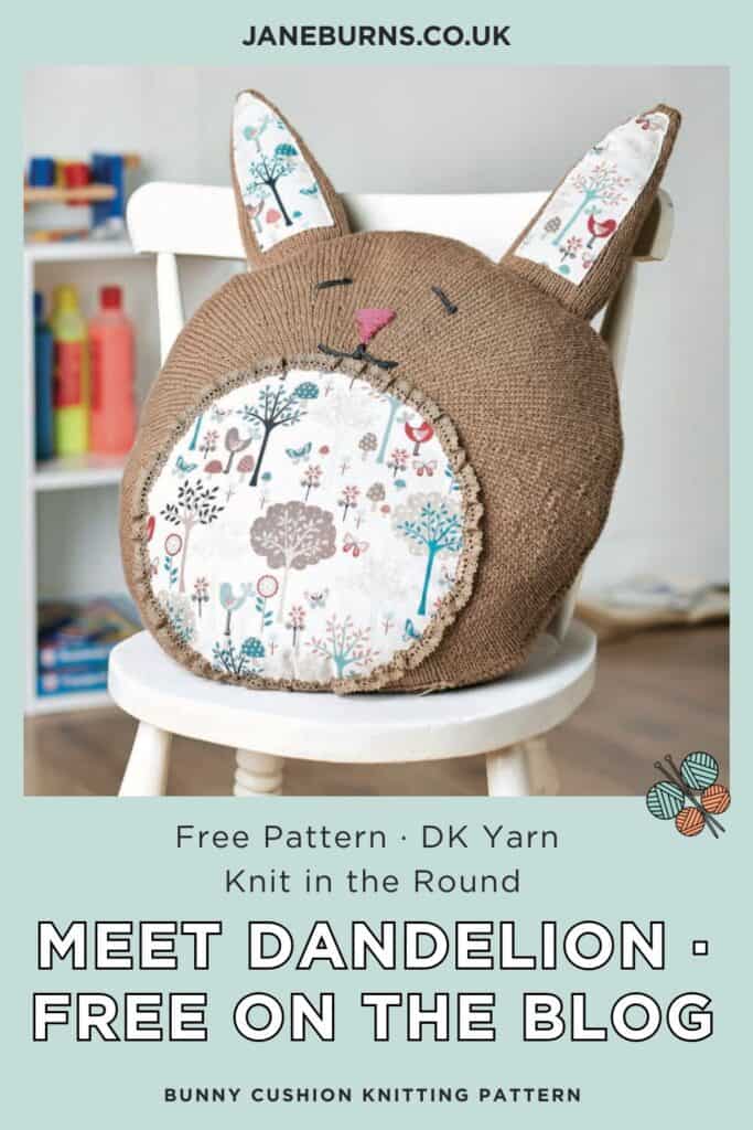 Dandelion bunny cushion knitting pattern, round rabbit cushion in DK yarn, 46cm diameter