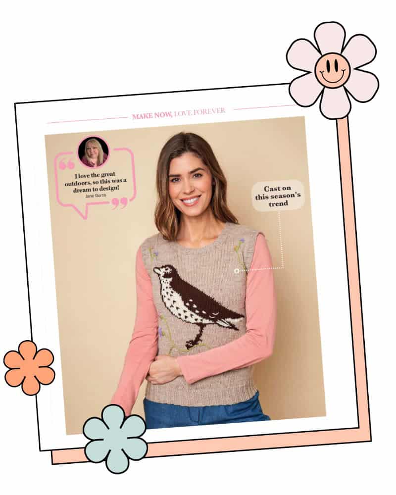 RSPB Song thrush vest knitting pattern by jane burns for knit now magazine