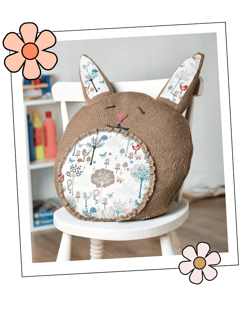 Bunny cushion knitting pattern, round rabbit shaped cushion with fabric lined ears and embroidered face, DK yarn