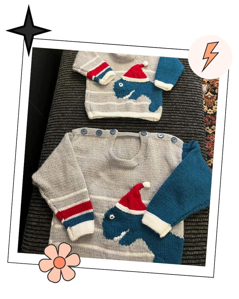 santa saurus dinosaur jumper knitting pattern customer testimonial review for jane burns knitting pattern