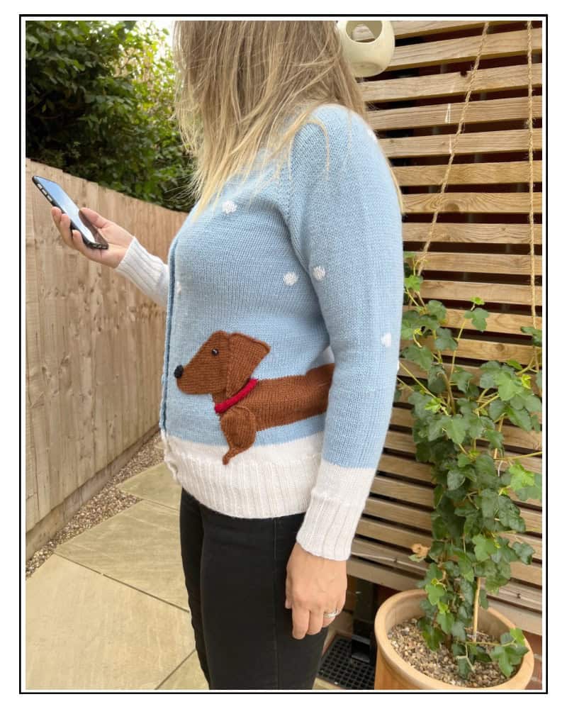 dachshund in the snow, sausage dog jumper knitting pattern by jane burns