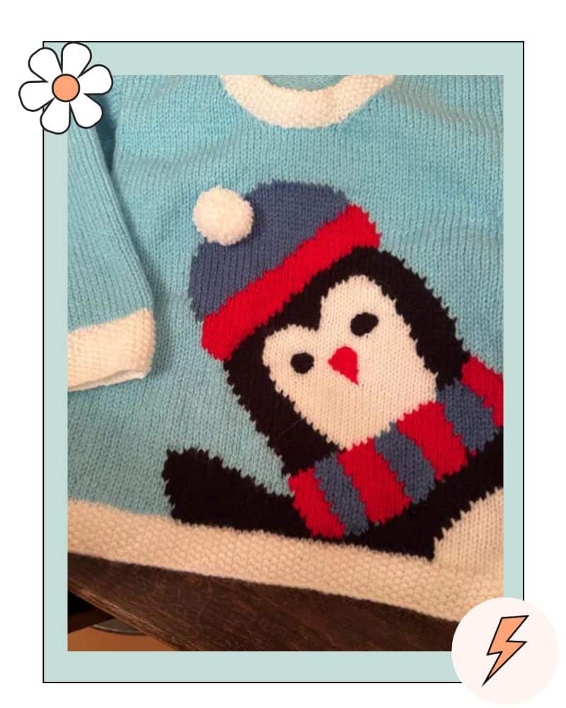 waving penguin, penguin jumper knitting pattern customer testimonial review for jane burns knitting pattern