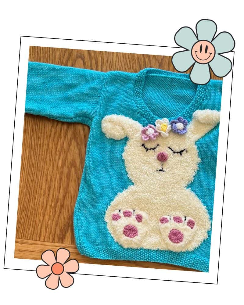 fluffy bunny toes, bunny rabbit jumper knitting pattern customer testimonial review for jane burns knitting pattern