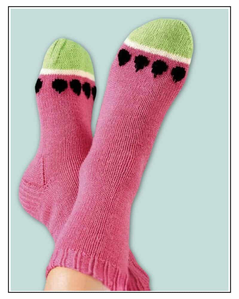 Free watermelon socks knitting pattern, 4ply yarn, 3 adult sizes, heel flap and gusset