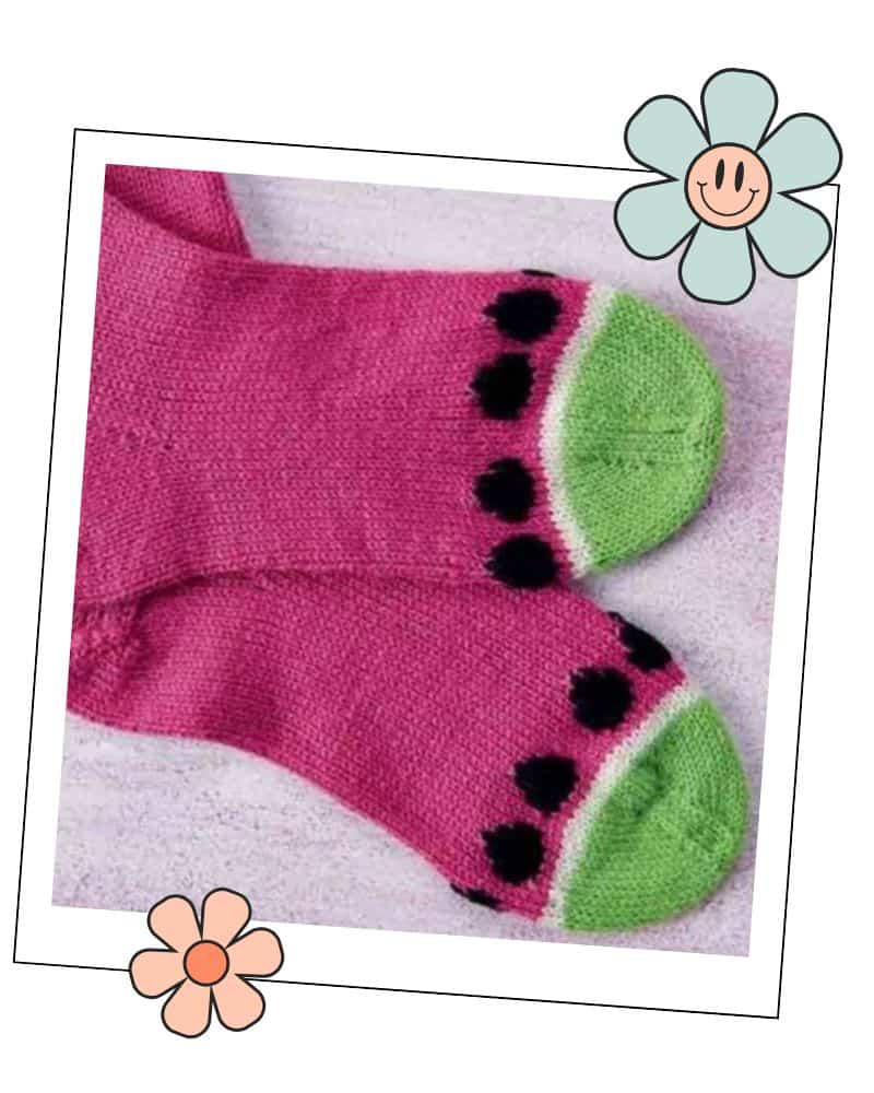 Free watermelon socks knitting pattern, 4ply yarn, 3 adult sizes, heel flap and gusset