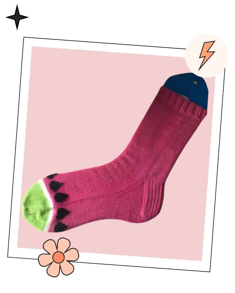 Free watermelon socks knitting pattern, 4ply yarn, 3 adult sizes, heel flap and gusset