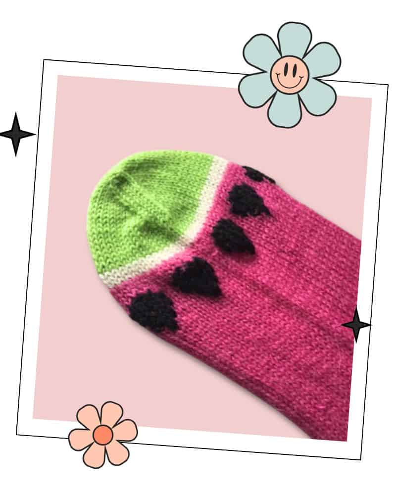Free watermelon socks knitting pattern, 4ply yarn, 3 adult sizes, heel flap and gusset