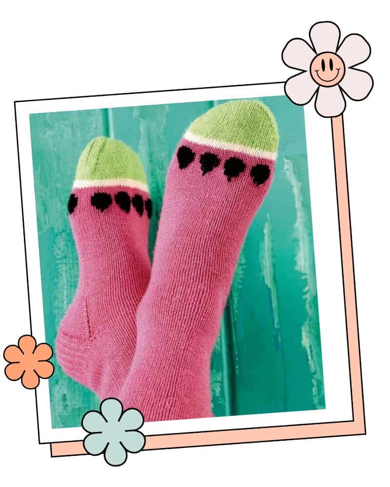 Free watermelon socks knitting pattern, 4ply yarn, 3 adult sizes, heel flap and gusset