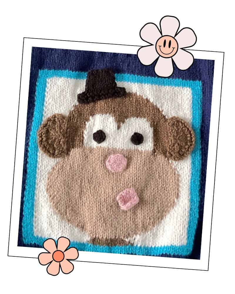 3D knitted ears and top hat detail, Rascal monkey jumper knitting pattern