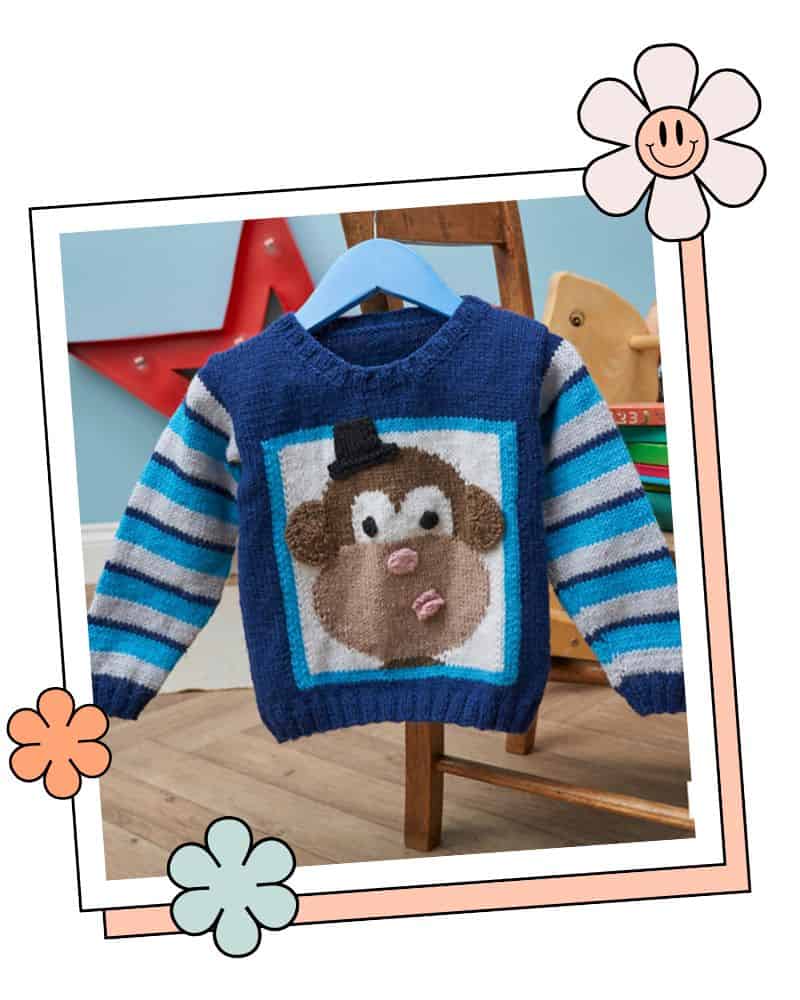 Rascal kids monkey character jumper, DK knitting pattern ages 1 to 11 years monkey jumper knitting pattern with colouring page