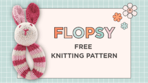 Free baby rattle knitting pattern by Jane Burns, Flopsy bunny, striped DK yarn