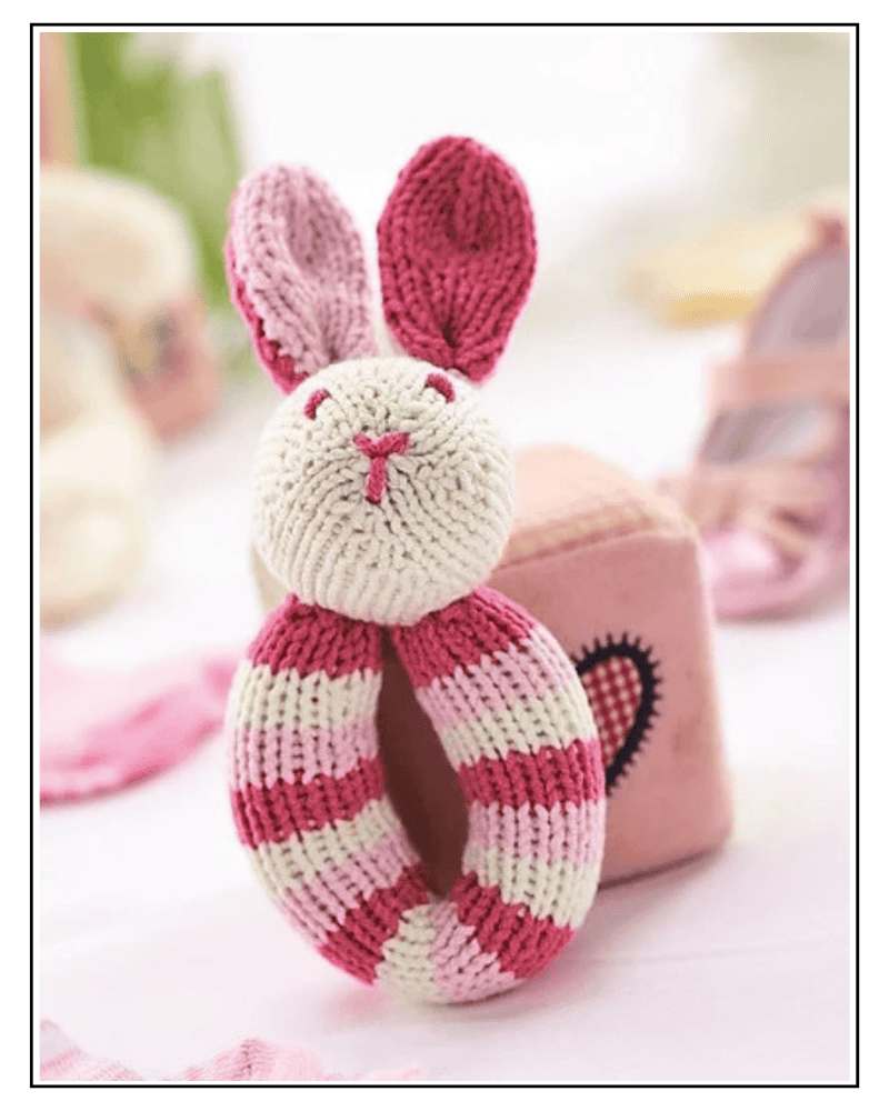 Free baby rattle knitting pattern by Jane Burns, Flopsy bunny, striped DK yarn
