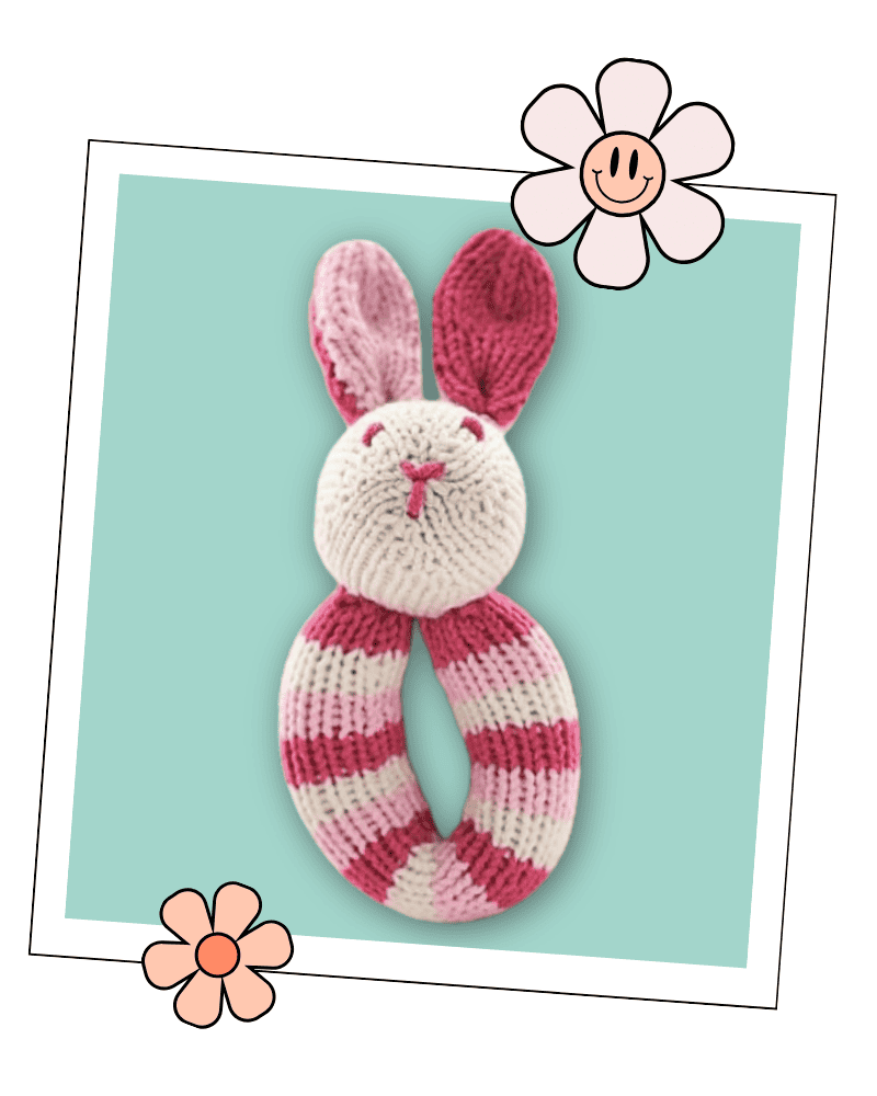 Free baby rattle knitting pattern by Jane Burns, Flopsy bunny, striped DK yarn