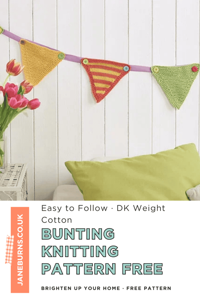 Free knitted bunting pattern, three triangle styles in DK cotton yarn, plain, striped and garter stitch