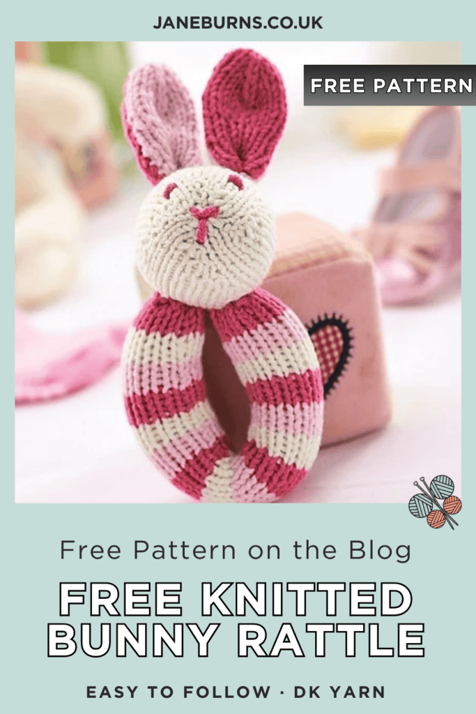 Free baby rattle knitting pattern by Jane Burns, Flopsy bunny, striped DK yarn