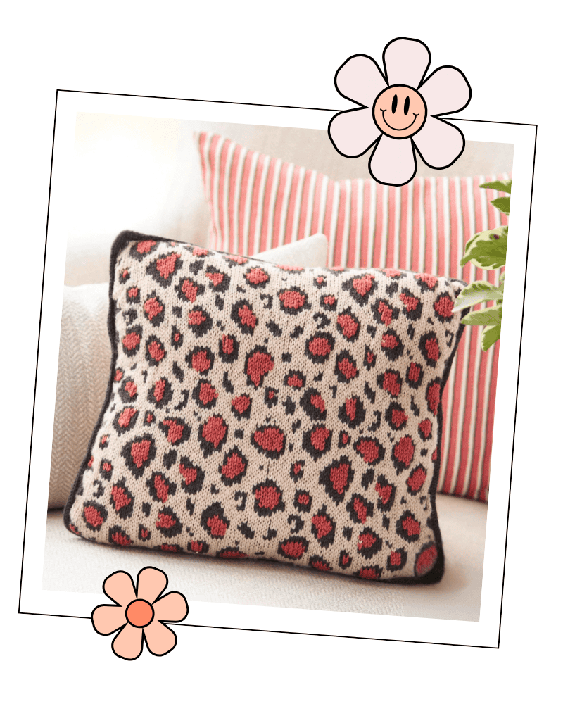 Leopard print knitting pattern for a stranded colourwork cushion cover, DK yarn, worked flat