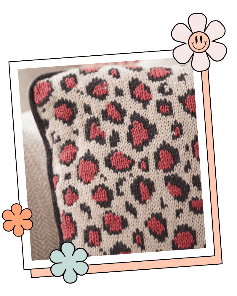 Leopard print knitting pattern for a stranded colourwork cushion cover, DK yarn, worked flat