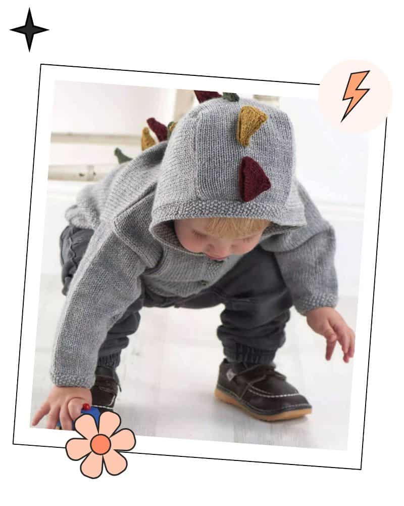 Little Stegosaur Dinosaur hooded cardigan knitting pattern for babies and children jane burns
