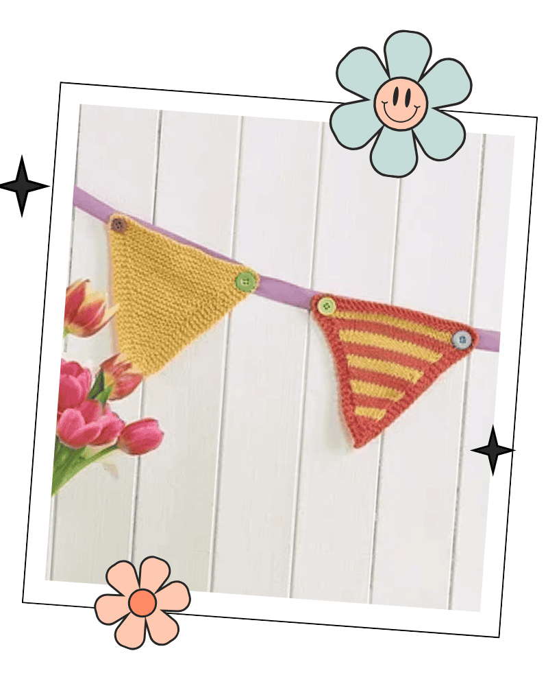 Free knitted bunting pattern, three triangle styles in DK cotton yarn, plain, striped and garter stitch