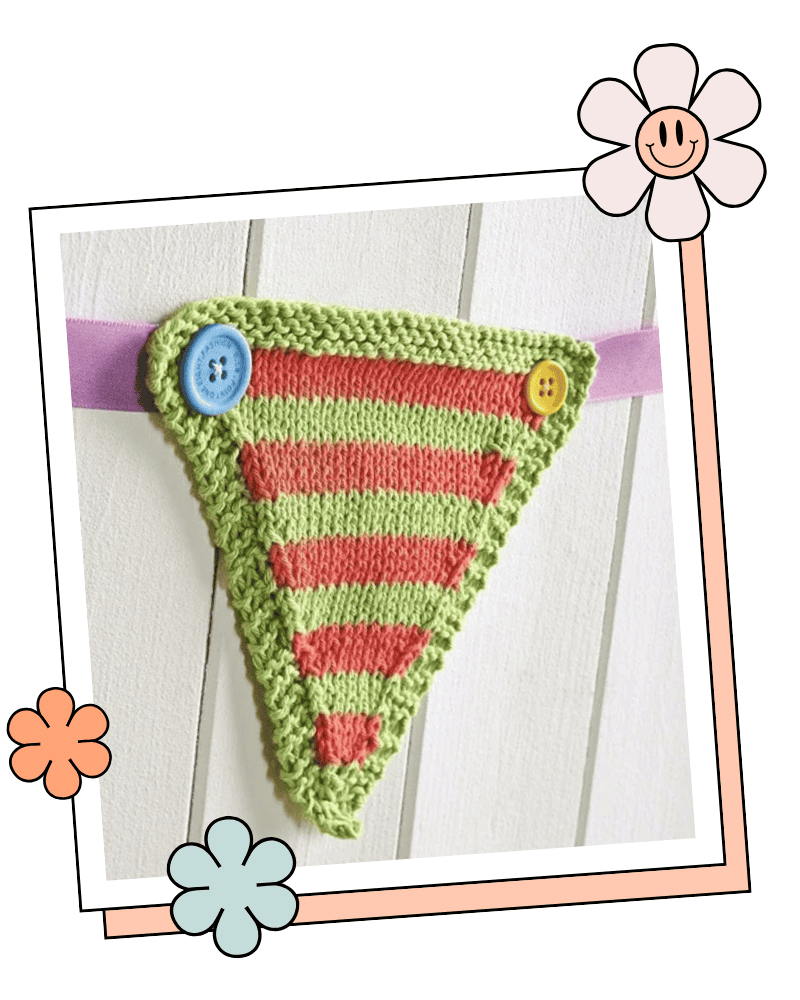 Free knitted bunting pattern, three triangle styles in DK cotton yarn, plain, striped and garter stitch