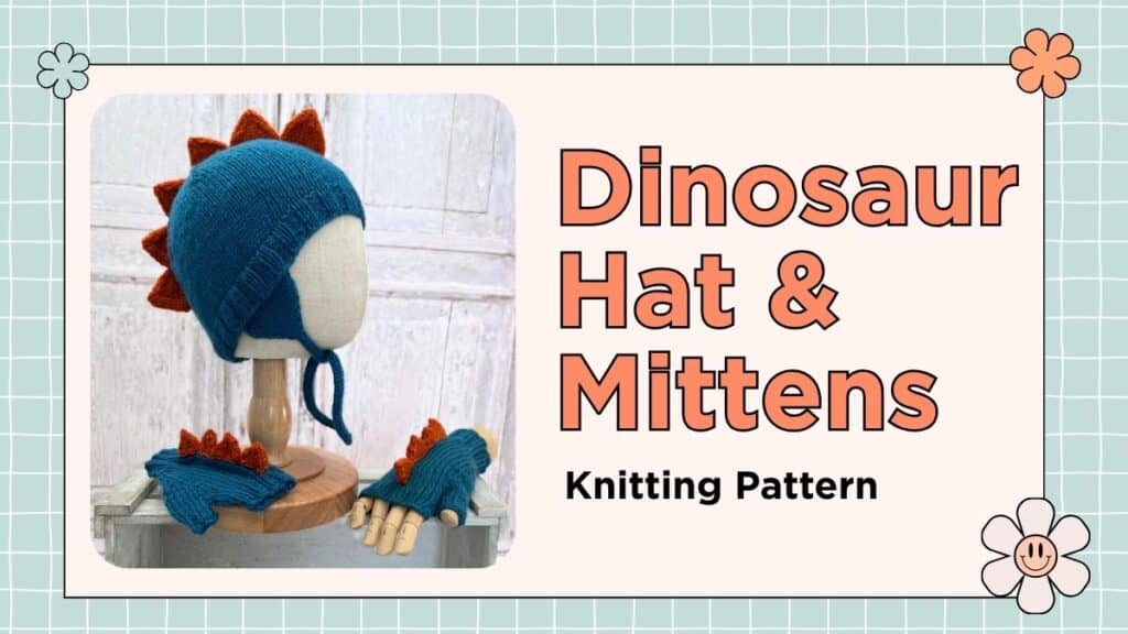 Dinosaur hat and mitten set knitting pattern for children, trapper style hat with spikes, DK yarn, sizes 1 to 11 years