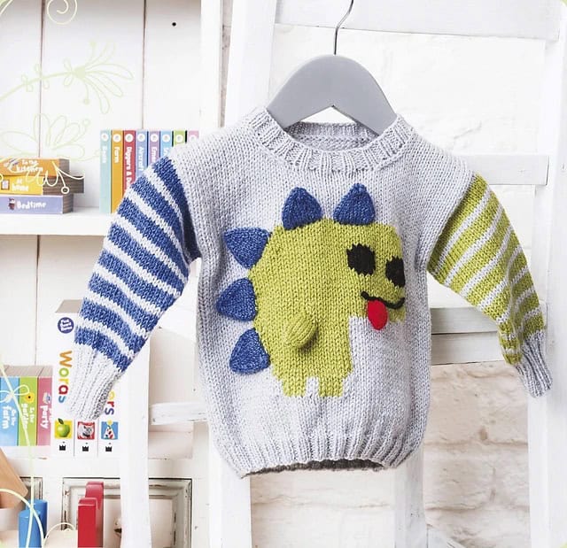 3-Piece Dinosaur Hat and Mitten Set Knitting Pattern for Children 4 friendly dinosaur baby and child jumper knitting pattern free for email sign up subscribers