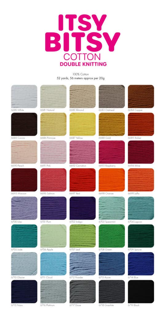 King Cole, Itsy Bitsy yarn review with free baby bear rattle knitting pattern, shade card showing all 35 shades of itsy bitsy cotton double knitting