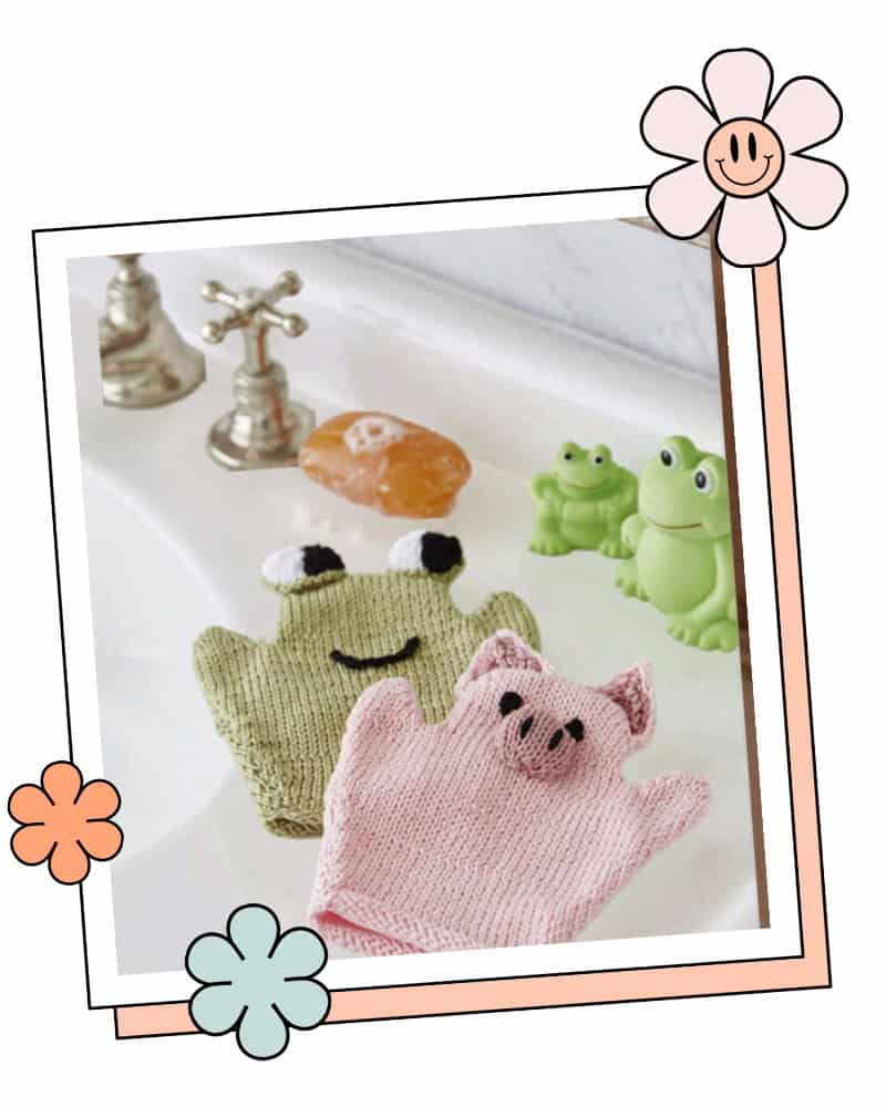 Frog and pig knitted bath mitts for babies, quick baby shower knitting gift in King Cole Cottonsoft DK