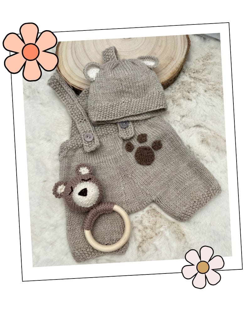 Baby bear romper and hat knitting pattern, matching teddy rattle gift set free rattle knitting pattern
