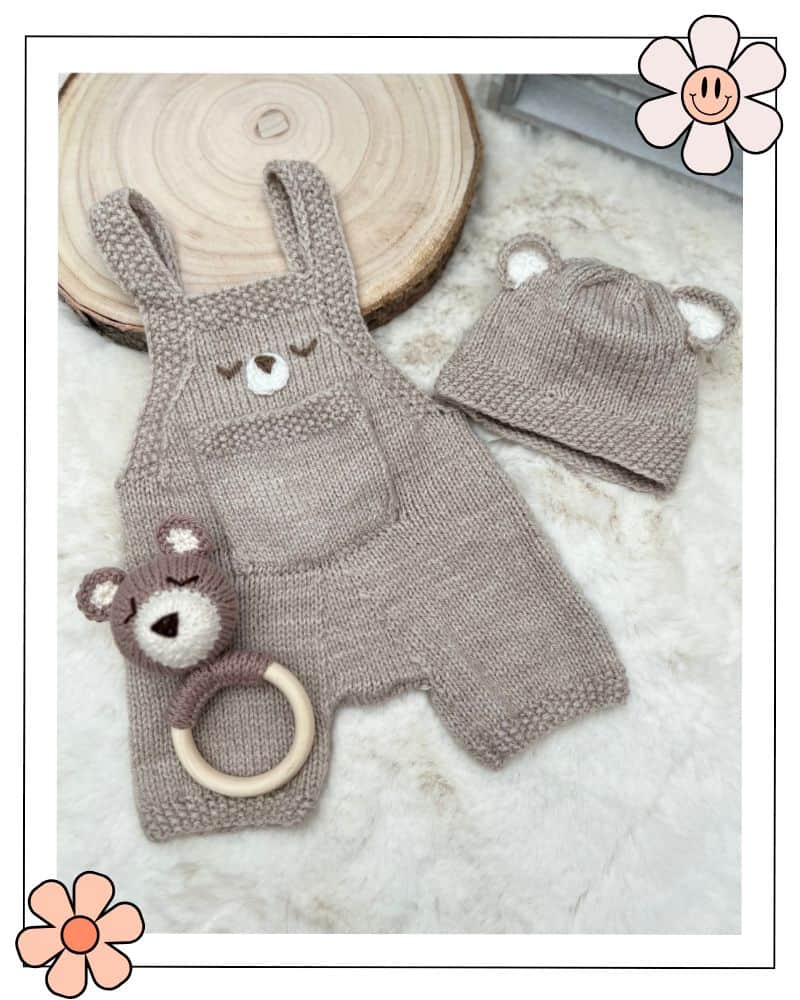 Baby bear romper and hat knitting pattern, matching teddy rattle gift set