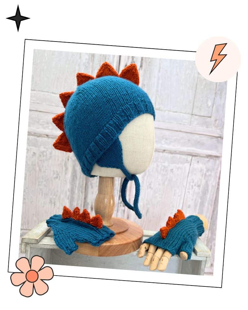 3-Piece Dinosaur Hat and Mitten Set Knitting Pattern for Children 1 Dinosaur hat and mitten set knitting pattern for children, trapper style hat with spikes, DK yarn, sizes 1 to 11 years