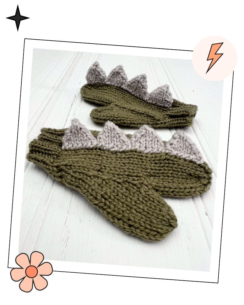 3-Piece Dinosaur Hat and Mitten Set Knitting Pattern for Children 2 Dinosaur hat and mitten set knitting pattern PDF. Trapper hat with spikes, DK yarn, sizes 1 to 11 years. Confident beginner. Instant download