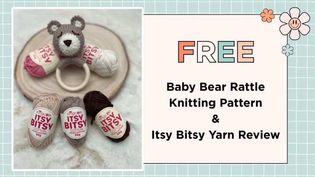 Free baby bear rattle knitting pattern, knitted teddy toy on wooden ring