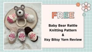 Free baby bear rattle knitting pattern, knitted teddy toy on wooden ring