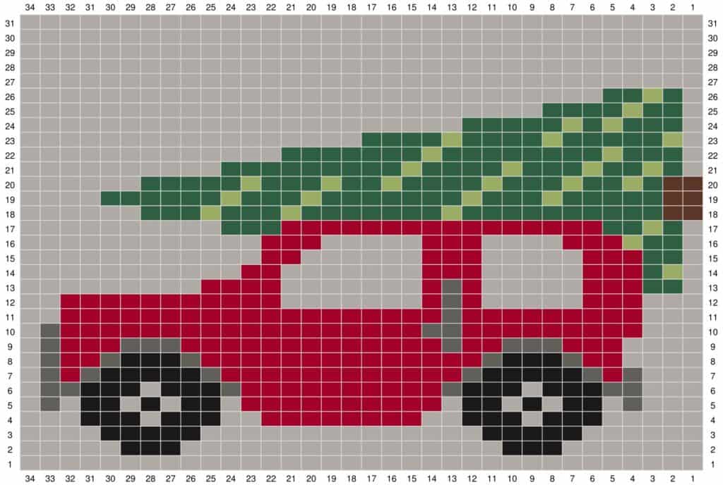 Christmas car jumper knitting chart, red car with christmas tree, intarsia design for babies and children
